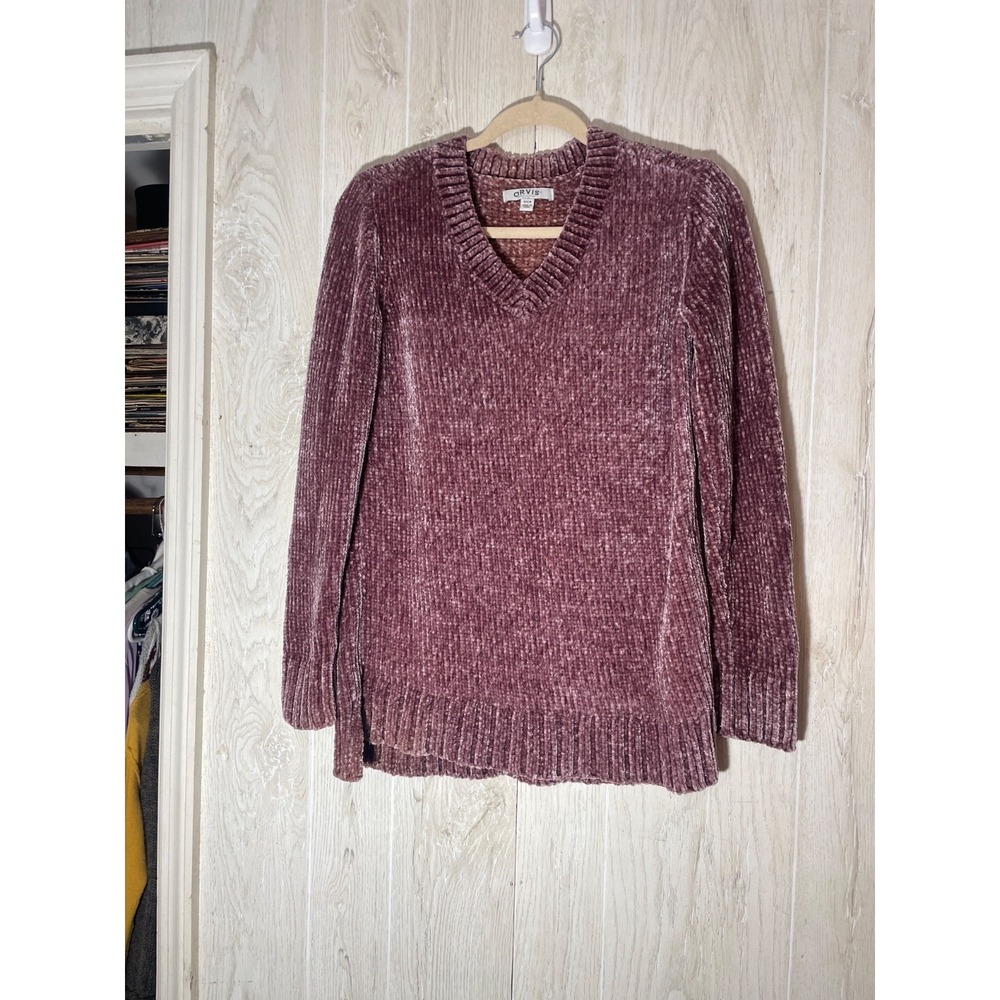Orvis Sweater Women Small Pink Pullover Chenille V-Neck Polyester Sweatshirt
